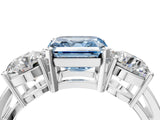 White gold Three-Stone Fancy Blue Asscher Cut Diamond Ring with Round Side Stones, Classic Band, and Four-Prong Setting_4