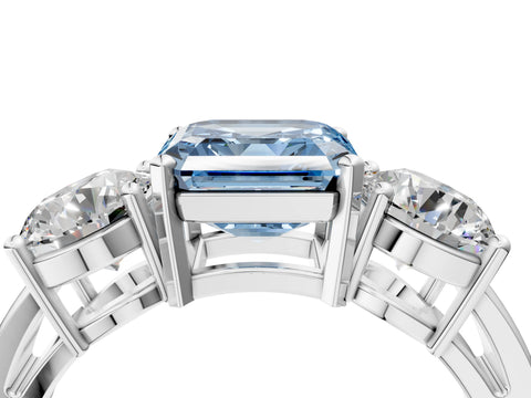 White gold Three-Stone Fancy Blue Asscher Cut Diamond Ring with Round Side Stones, Classic Band, and Four-Prong Setting_4