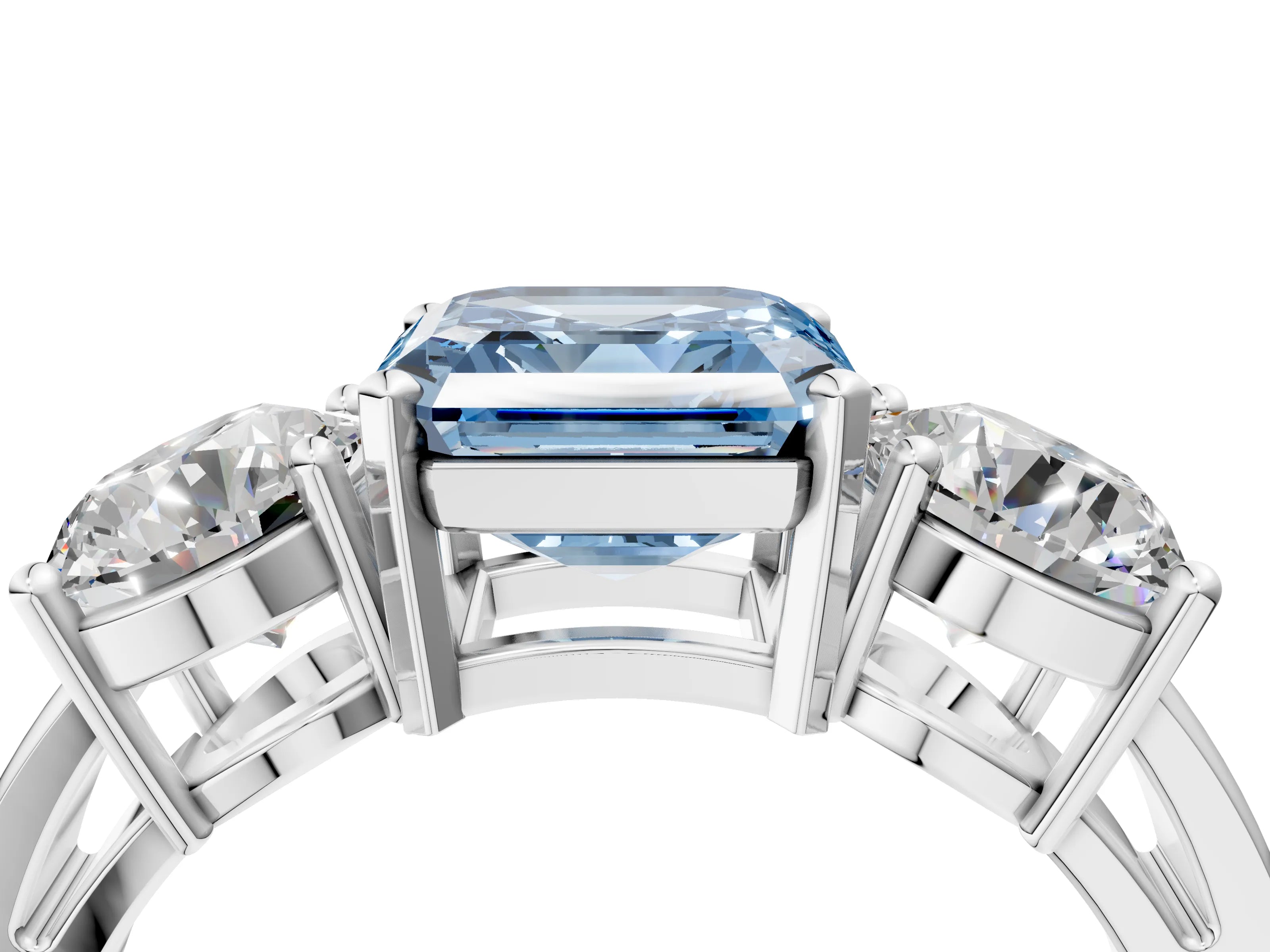 White gold Three-Stone Fancy Blue Asscher Cut Diamond Ring with Round Side Stones, Classic Band, and Four-Prong Setting_4