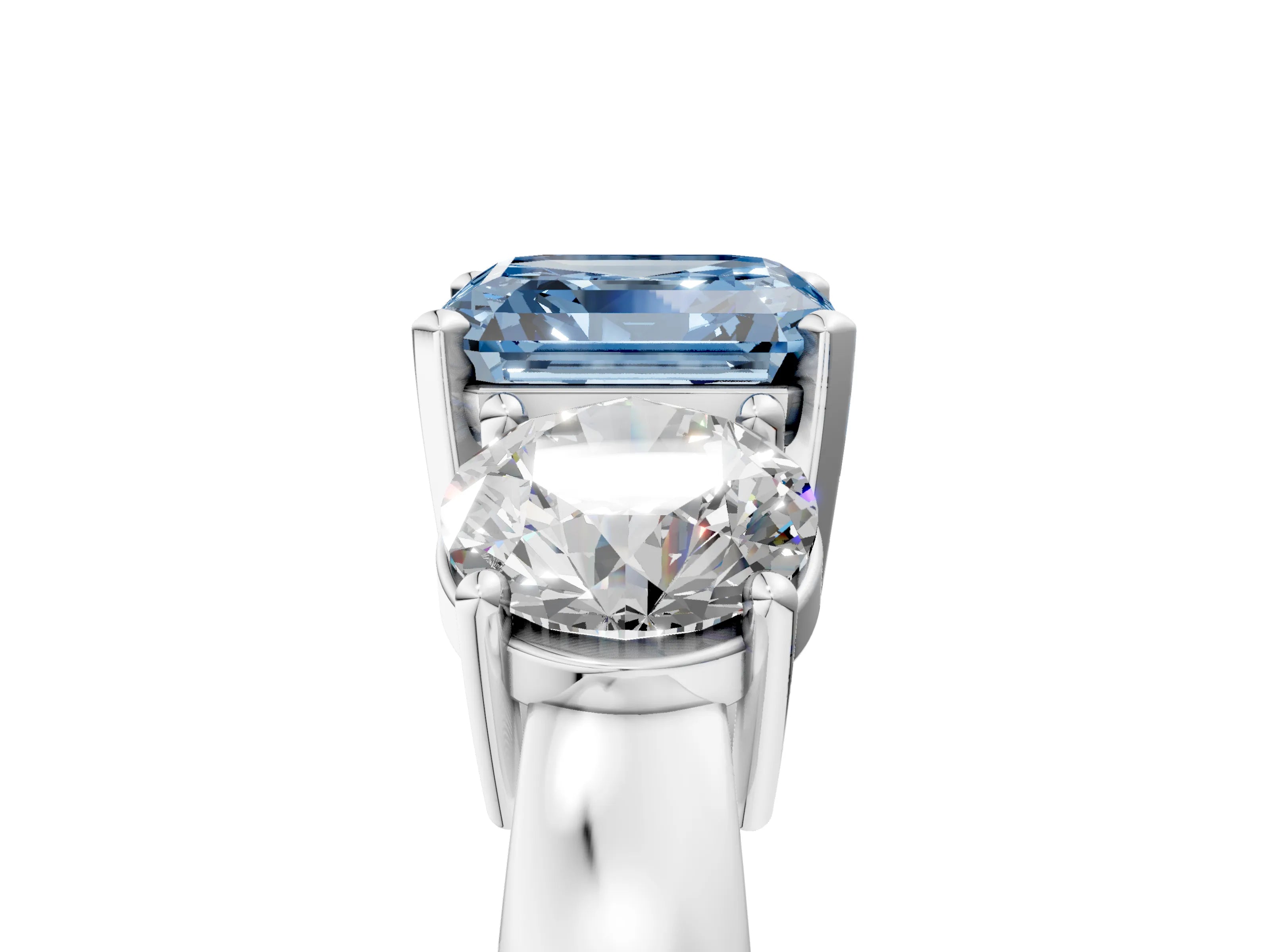 White gold Three-Stone Fancy Blue Asscher Cut Diamond Ring with Round Side Stones, Classic Band, and Four-Prong Setting_5