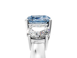 White gold Three-Stone Fancy Blue Asscher Cut Diamond Ring with Round Side Stones, Classic Band, and Four-Prong Setting_5