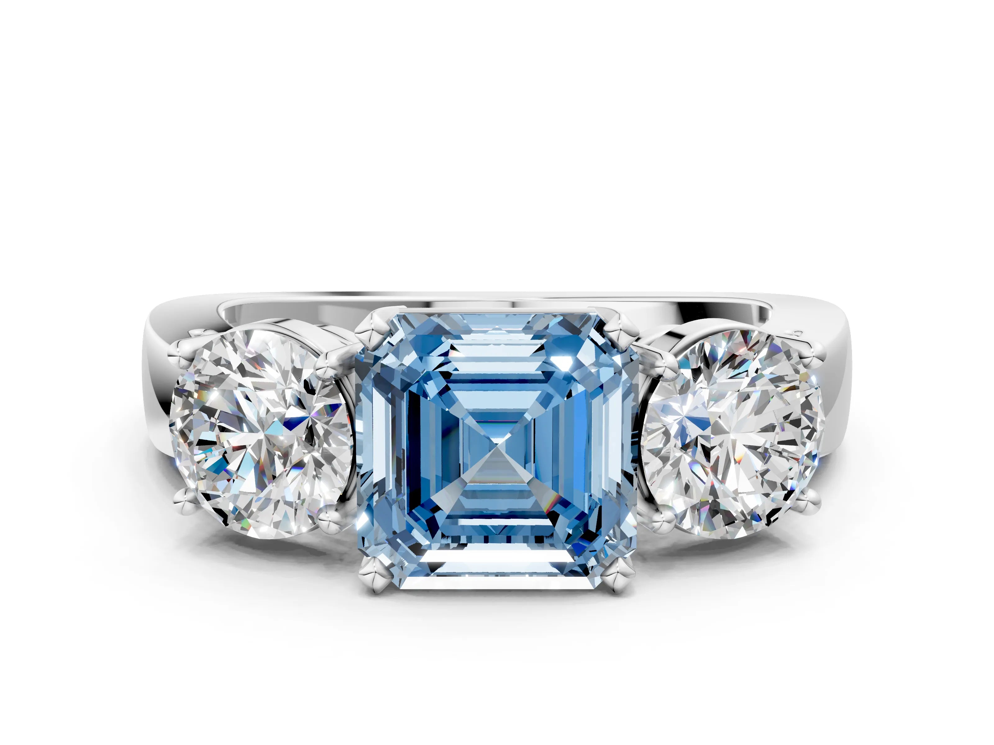 White gold Three-Stone Fancy Blue Asscher Cut Diamond Ring with Round Side Stones, Classic Band, and Four-Prong Setting