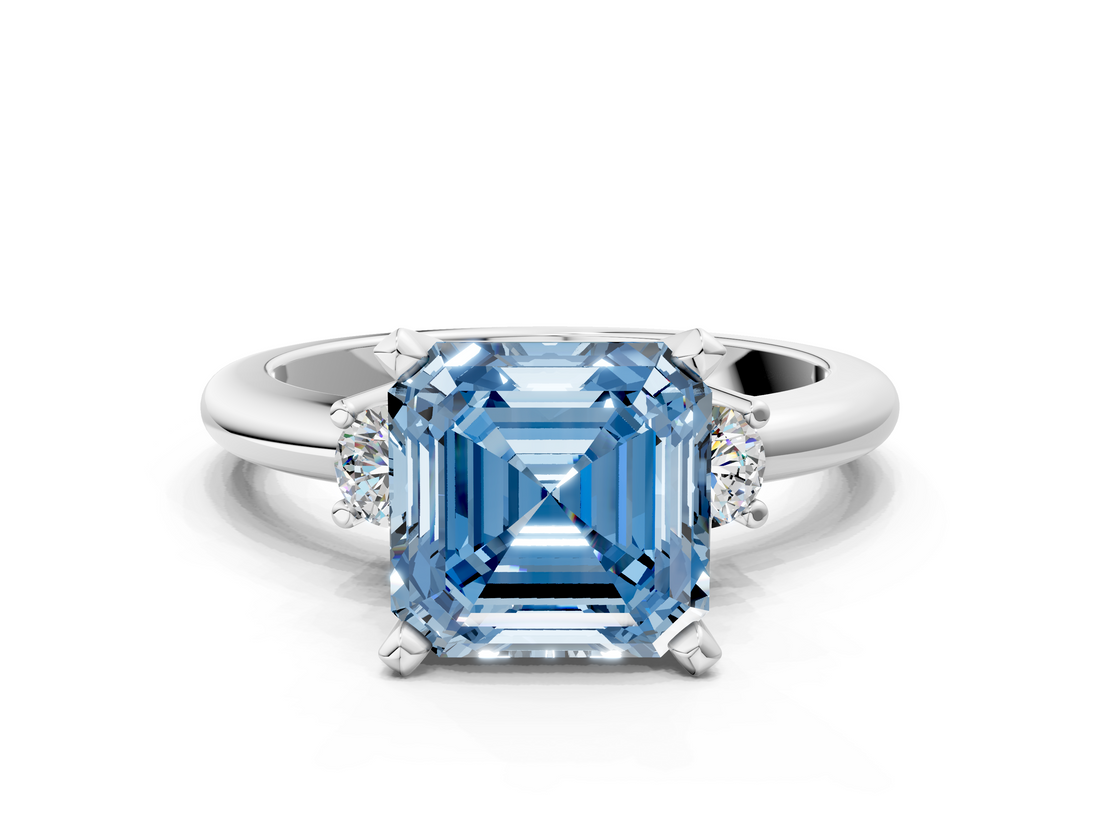 White gold Three-Stone Fancy Blue Asscher  Cut Diamond Solitaire with Prong Setting and Classic Band