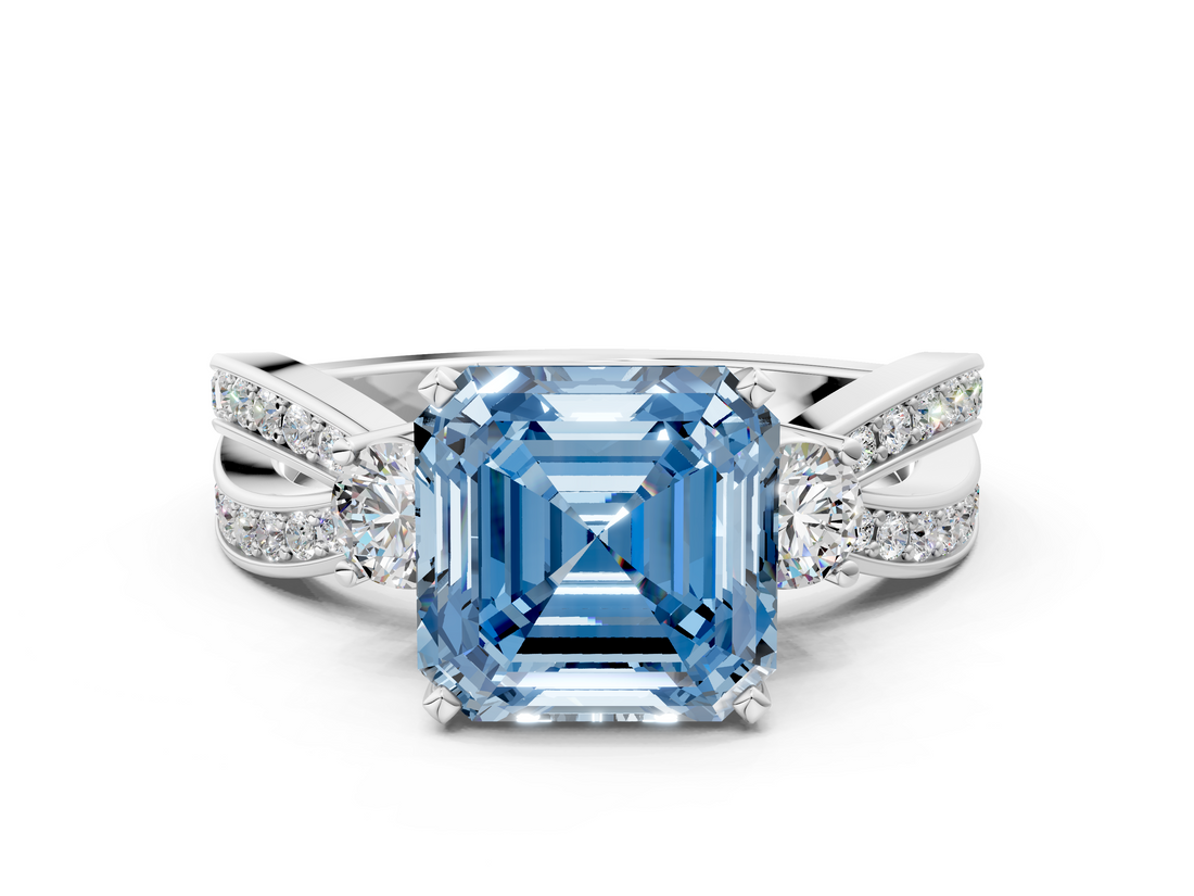 White gold Three-Stone Fancy Blue Asscher  Cut Diamond Twist Band with Prong Setting_17