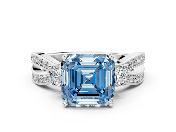 Platinum Asscher Cut Three Stone Engagement Ring Setting for Fancy Blue Center with Pave Twist Band