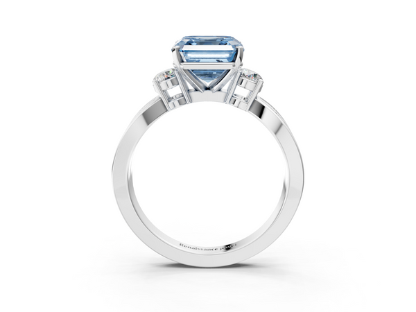 Platinum Asscher Cut Three Stone Engagement Ring Setting for Fancy Blue Center with Pave Twist Band