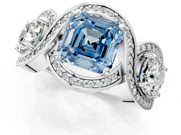 White gold Three-Stone Fancy Blue Asscher Cut Diamond Wave Pave Band with Prong Setting