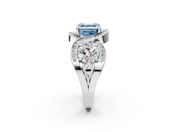 White gold Three-Stone Fancy Blue Asscher Cut Diamond Wave Pave Band with Prong Setting