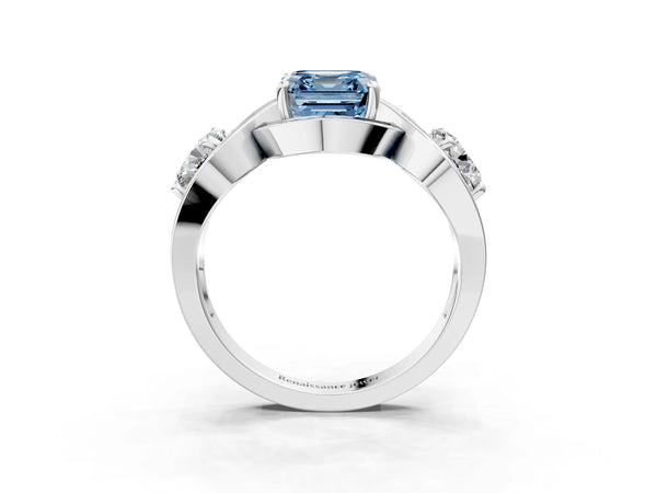 White gold Three-Stone Fancy Blue Asscher Cut Diamond Wave Pave Band with Prong Setting