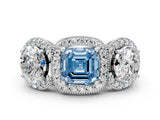 White gold Three-Stone Fancy Blue Asscher Cut Halo Diamond Milgrain Band with Four-Prong Setting
