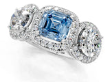 White gold Three-Stone Fancy Blue Asscher Cut Halo Diamond Milgrain Band with Four-Prong Setting_1
