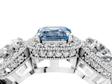 White gold Three-Stone Fancy Blue Asscher Cut Halo Diamond Milgrain Band with Four-Prong Setting_4