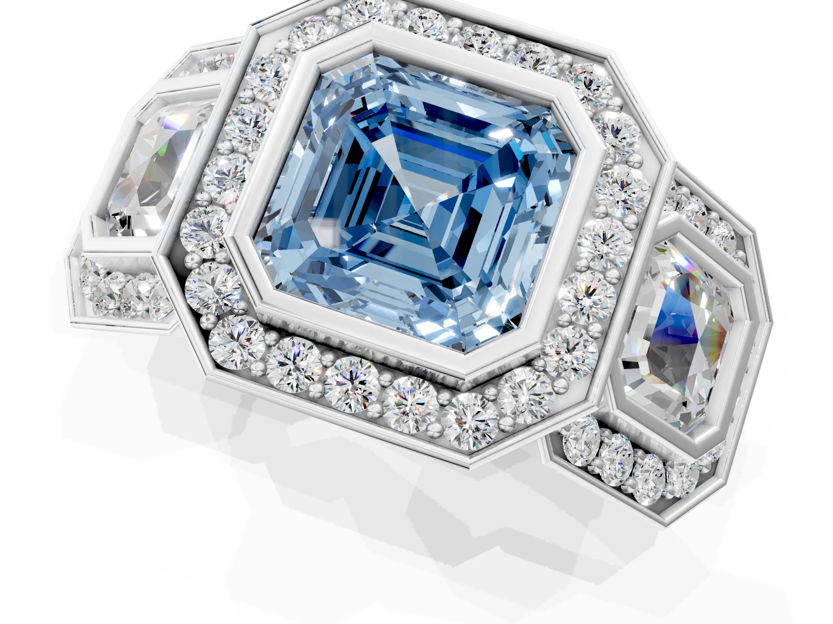 White gold Three-Stone Fancy Blue Asscher Cut Halo Pavé Diamond Ring_1