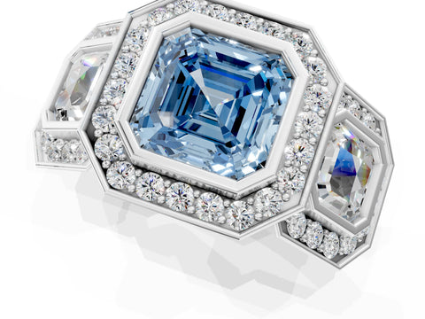White gold Three-Stone Fancy Blue Asscher Cut Halo Pavé Diamond Ring_1