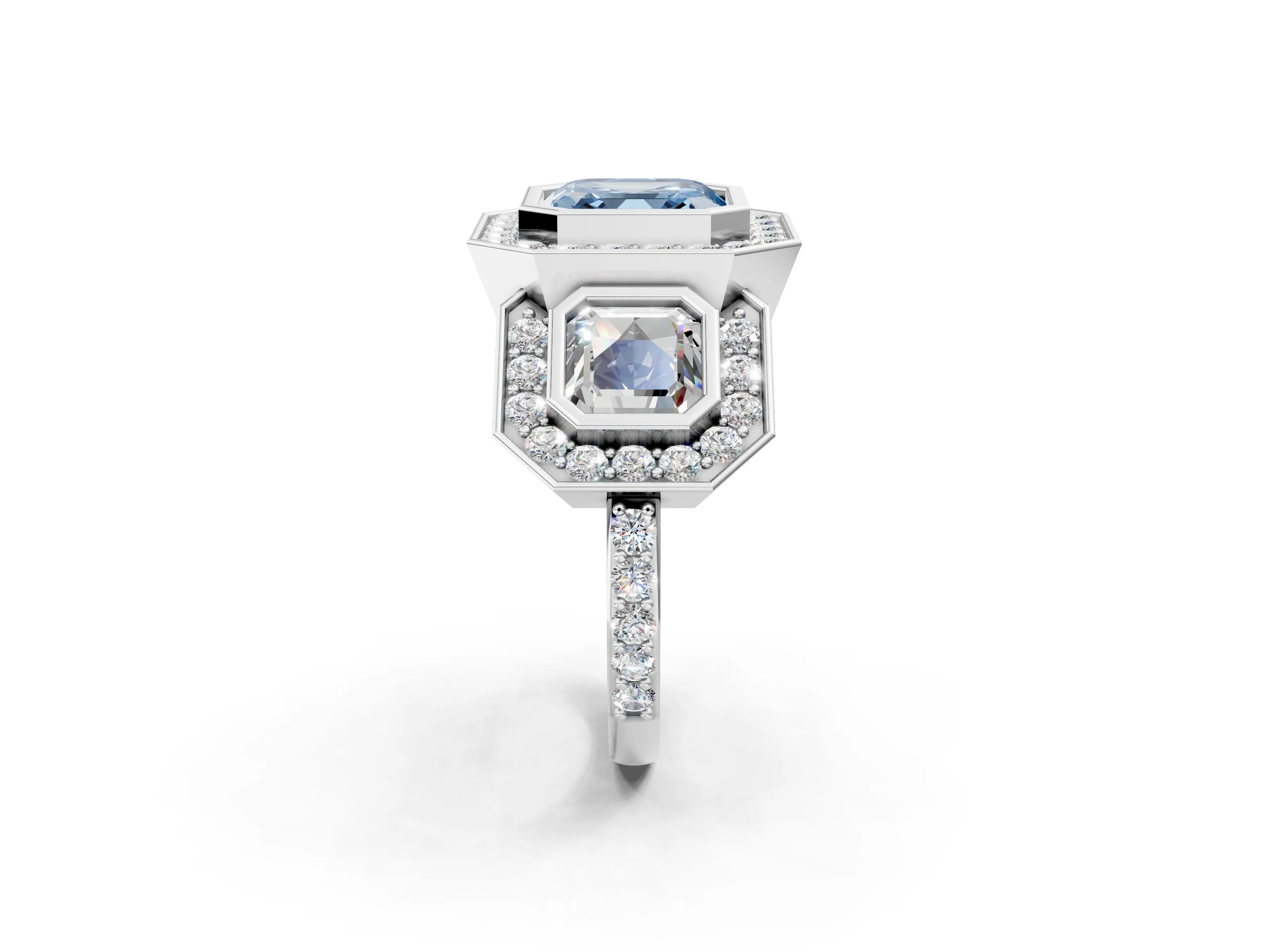 White gold Three-Stone Fancy Blue Asscher Cut Halo Pavé Diamond Ring_2