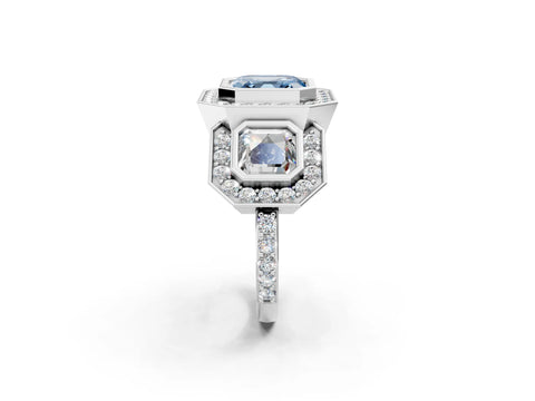 White gold Three-Stone Fancy Blue Asscher Cut Halo Pavé Diamond Ring_2
