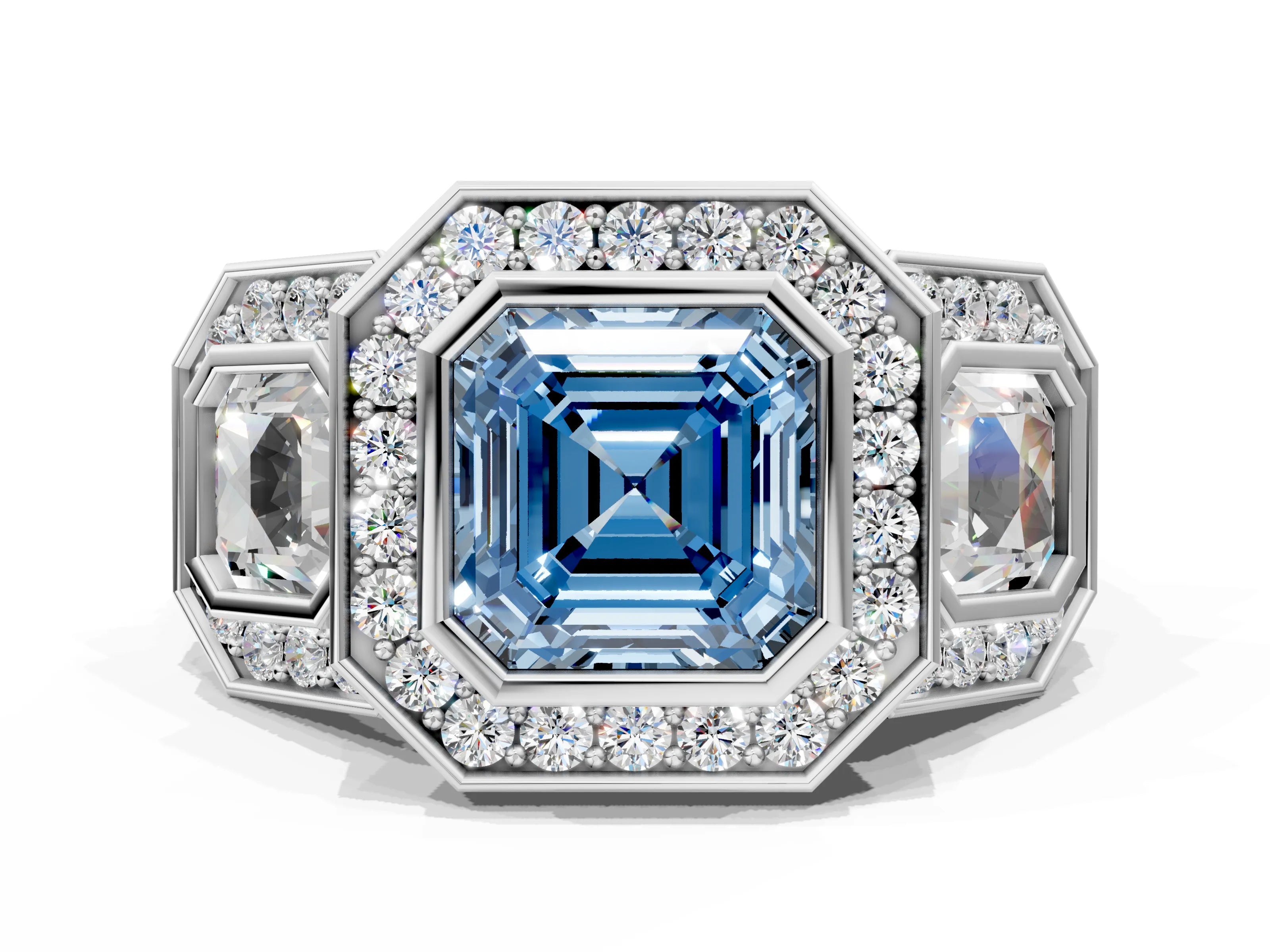 White gold Three-Stone Fancy Blue Asscher Cut Halo Pavé Diamond Ring