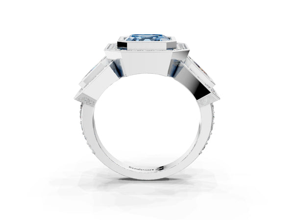Platinum Asscher Cut Bezel Three Stone Halo Engagement Ring Setting for Fancy Blue Center