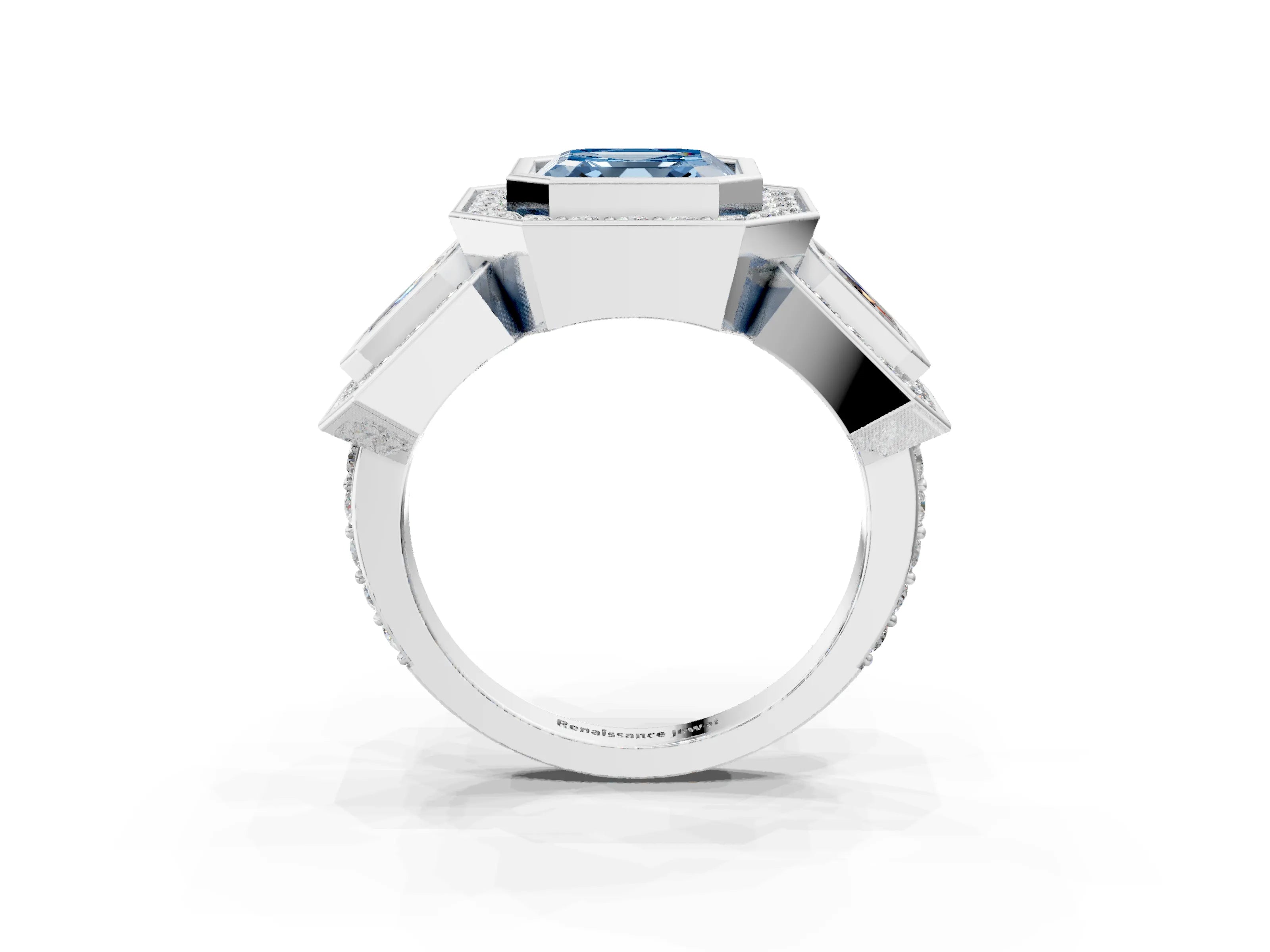 White gold Three-Stone Fancy Blue Asscher Cut Halo Pavé Diamond Ring_3