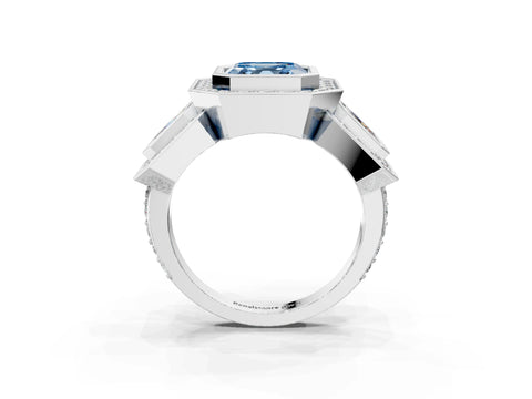 White gold Three-Stone Fancy Blue Asscher Cut Halo Pavé Diamond Ring_3
