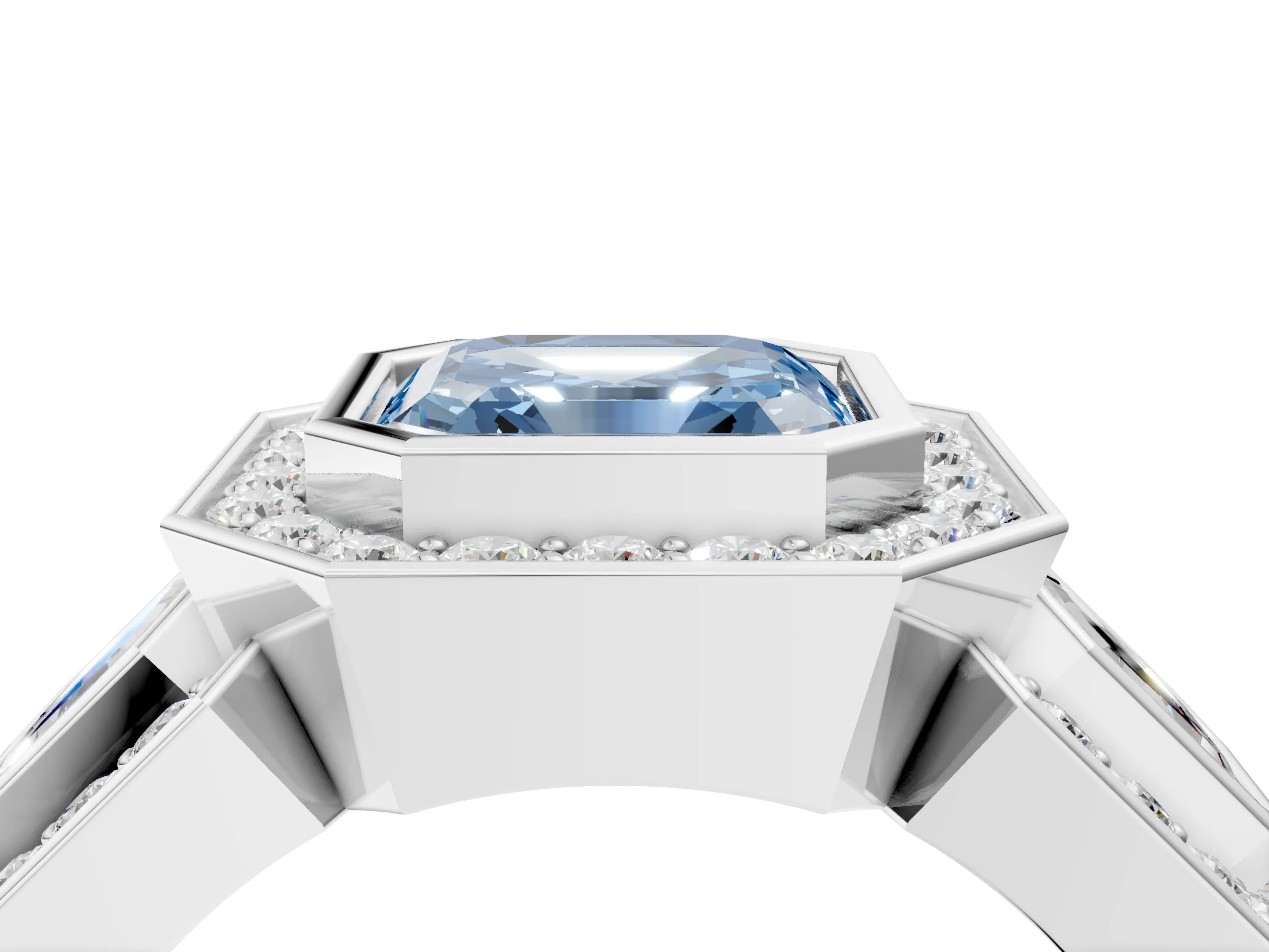 White gold Three-Stone Fancy Blue Asscher Cut Halo Pavé Diamond Ring_4