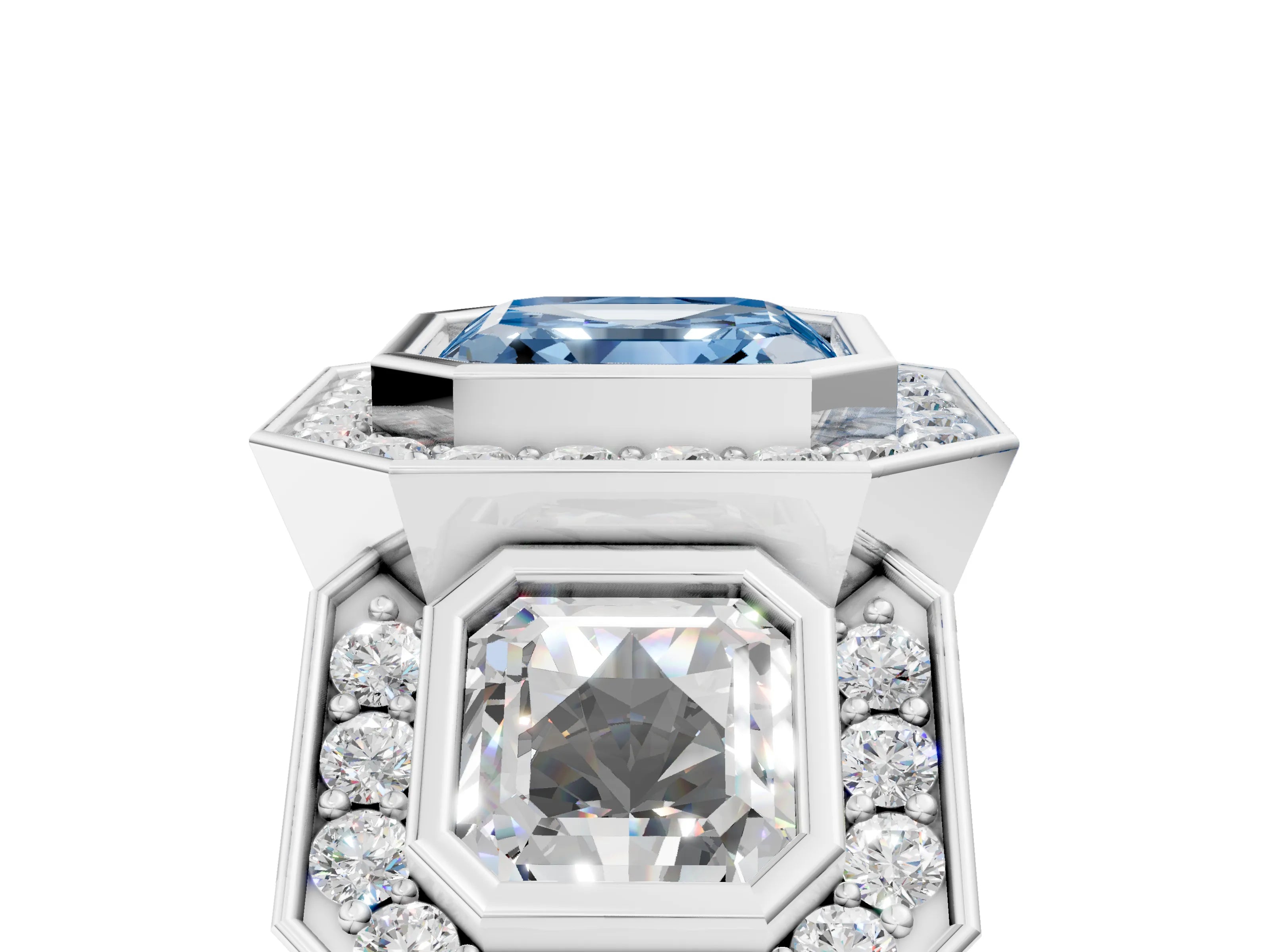 White gold Three-Stone Fancy Blue Asscher Cut Halo Pavé Diamond Ring_5