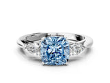 White gold Three-Stone Fancy Blue Cushion Cut Brilliant Diamond Solitaire Ring with Tapered Band and Four-Prong Setting_31