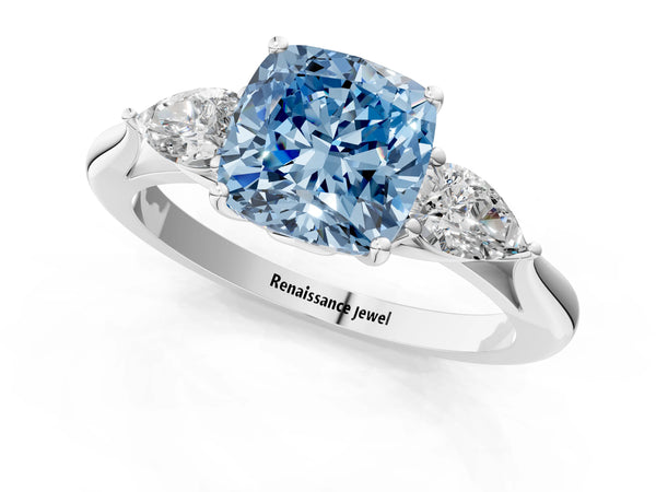 White gold Three-Stone Fancy Blue Cushion Cut Brilliant Diamond Solitaire Ring with Tapered Band and Four-Prong Setting