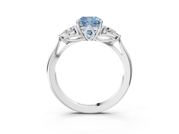 White gold Three-Stone Fancy Blue Cushion Cut Brilliant Diamond Solitaire Ring with Tapered Band and Four-Prong Setting