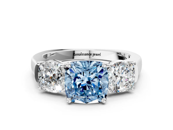 Platinum Three-Stone Fancy Blue Cushion Cut Brilliant Diamond Trellis Ring with Comfort Fit Band
