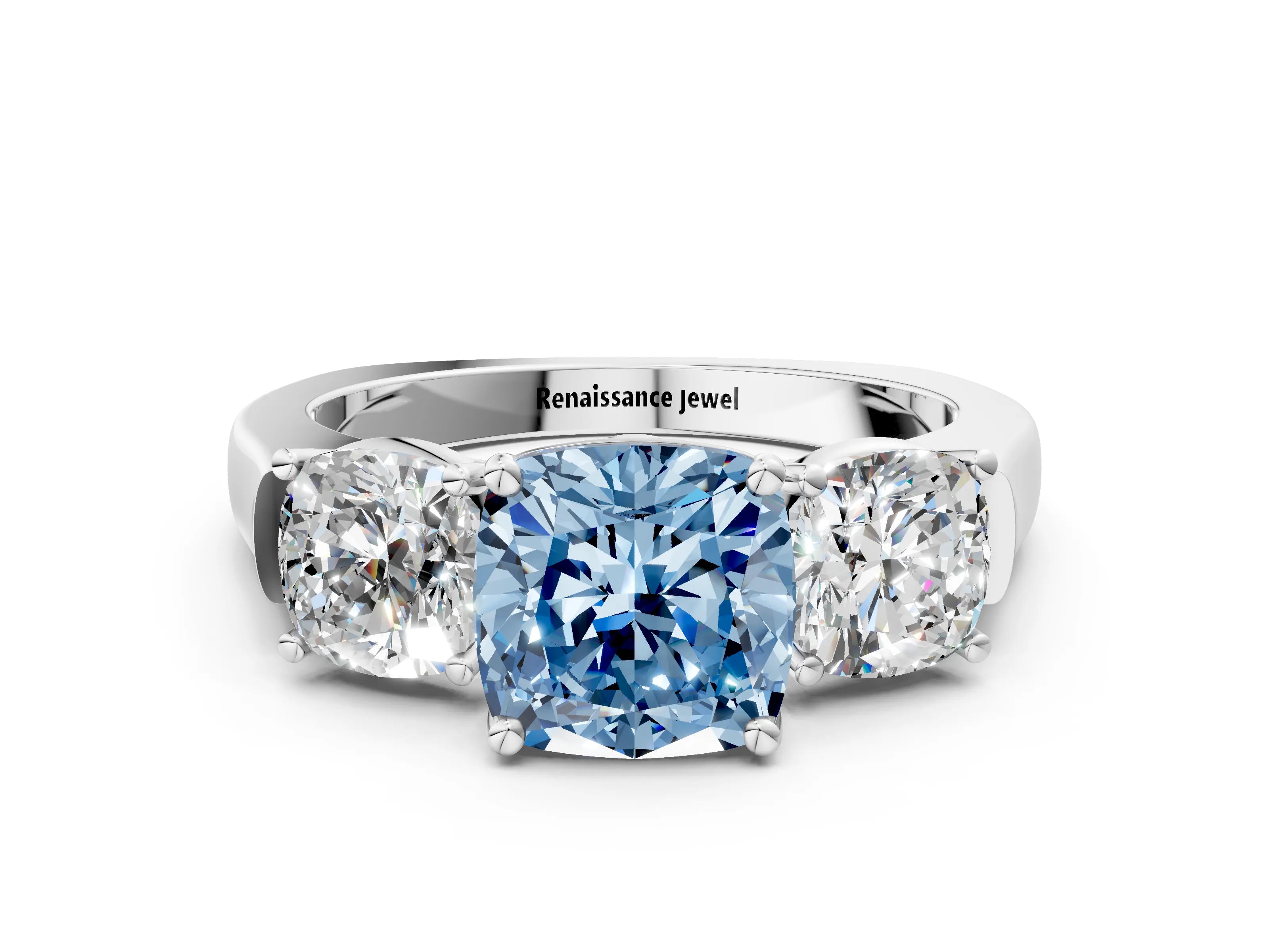 White gold Three-Stone Fancy Blue Cushion Cut Brilliant Diamond Trellis Ring with Comfort Fit Band_12