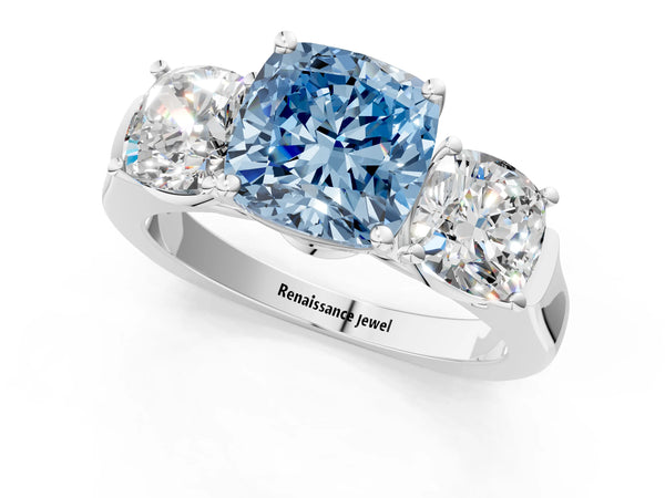 Platinum Three-Stone Fancy Blue Cushion Cut Brilliant Diamond Trellis Ring with Comfort Fit Band