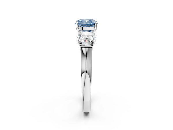 Platinum Three-Stone Fancy Blue Cushion Cut Brilliant Diamond Trellis Ring with Comfort Fit Band