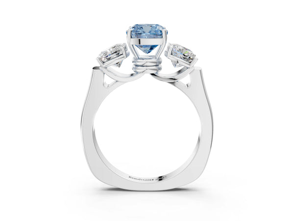 Platinum Three-Stone Fancy Blue Cushion Cut Brilliant Diamond Trellis Ring with Comfort Fit Band