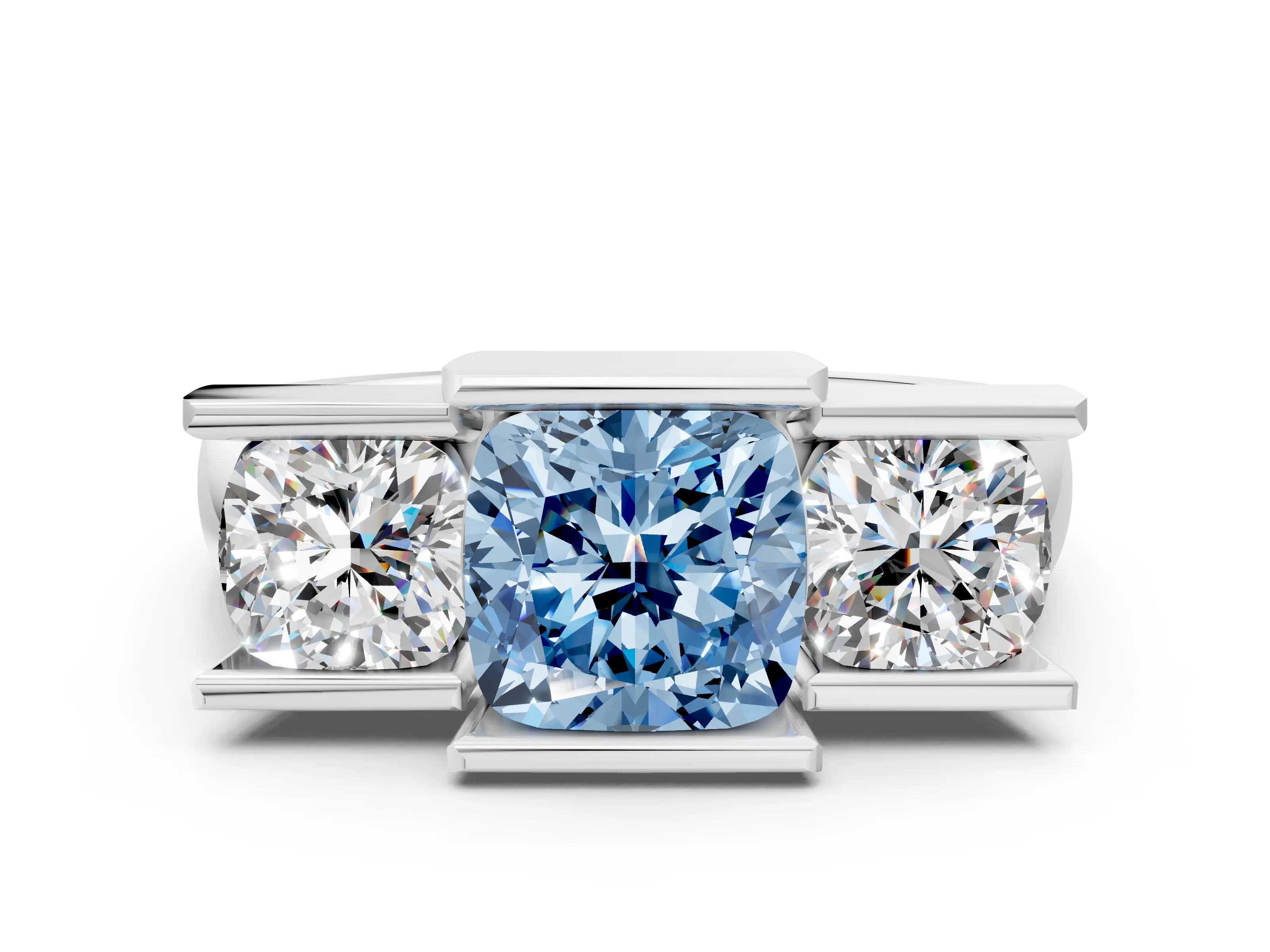 White gold Three Stone Fancy Blue Cushion Cut Cut Channel Set Diamond Ring_24
