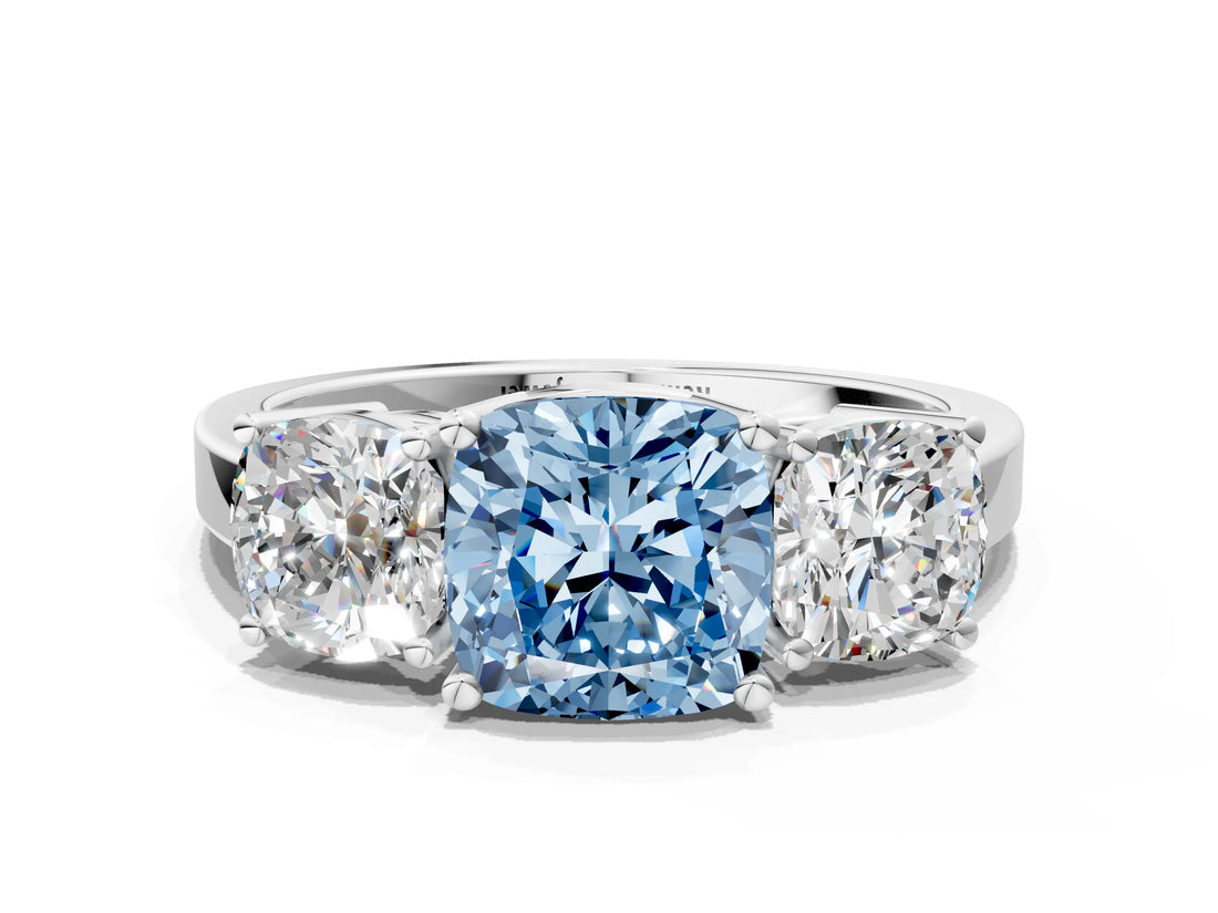 White gold Three-Stone Fancy Blue Cushion Cut Cut Diamond Engagement Ring with Flat Band and Four-Prong Setting_12