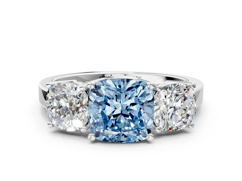 White gold Three-Stone Fancy Blue Cushion Cut Cut Diamond Engagement Ring with Flat Band and Four-Prong Setting_12