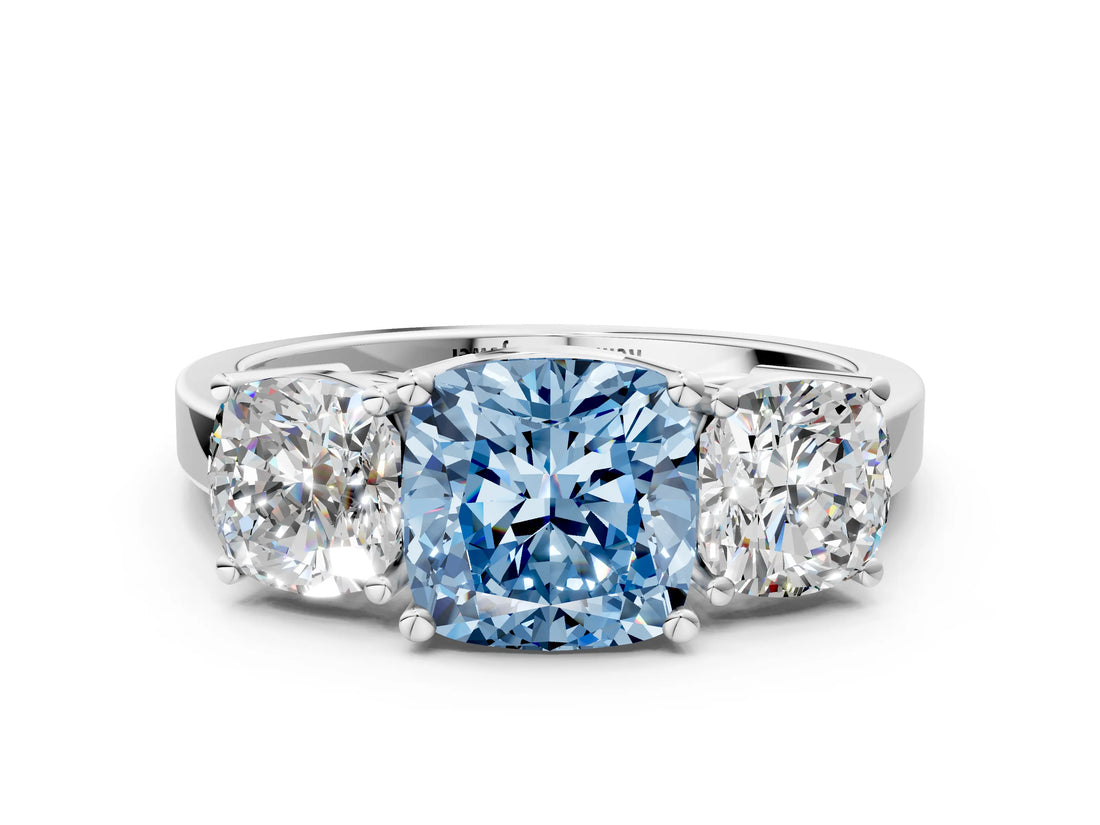White gold Three-Stone Fancy Blue Cushion Cut Cut Diamond Engagement Ring with Flat Band and Four-Prong Setting_12