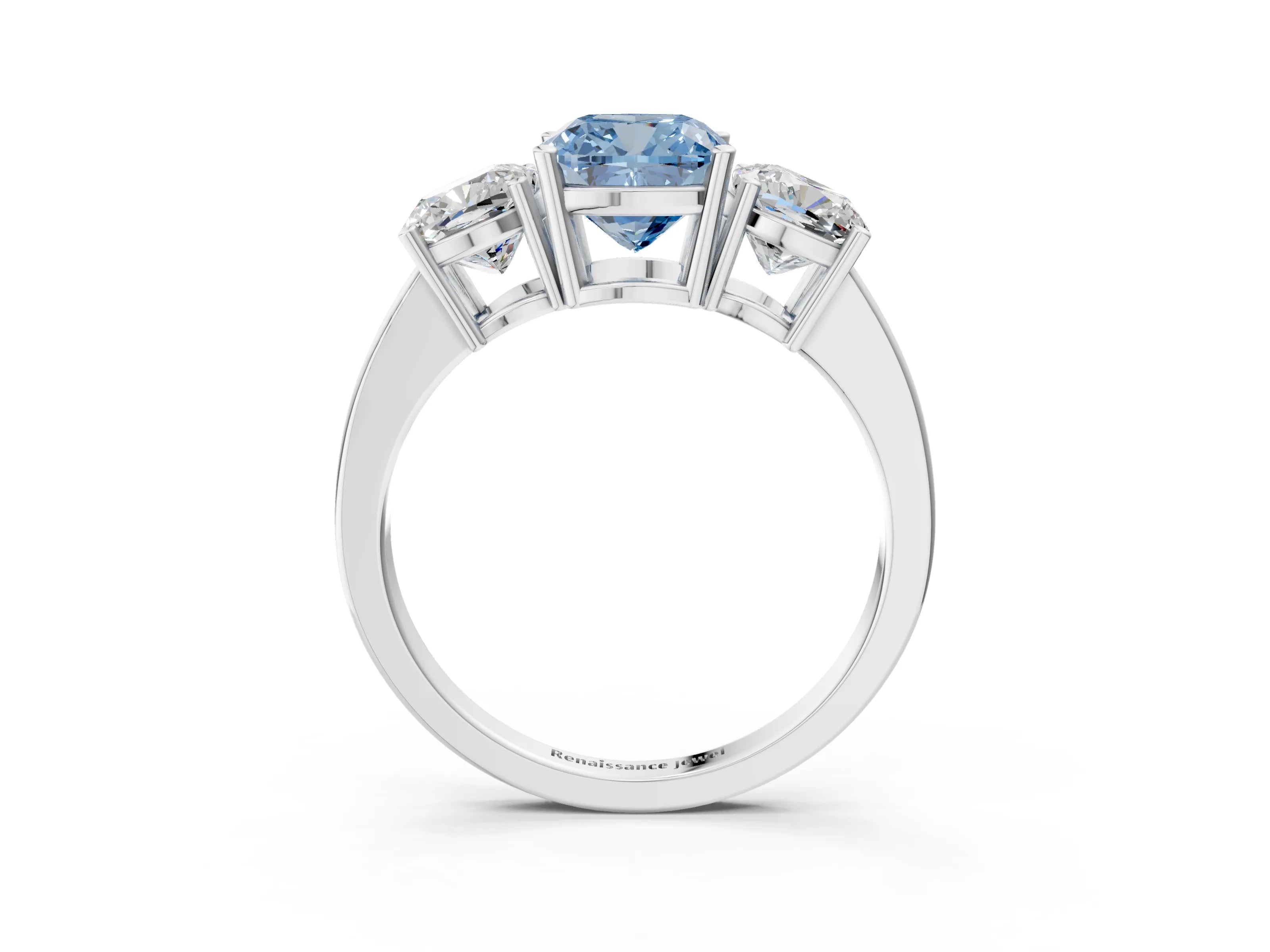 White gold Three-Stone Fancy Blue Cushion Cut Cut Diamond Engagement Ring with Flat Band and Four-Prong Setting_3