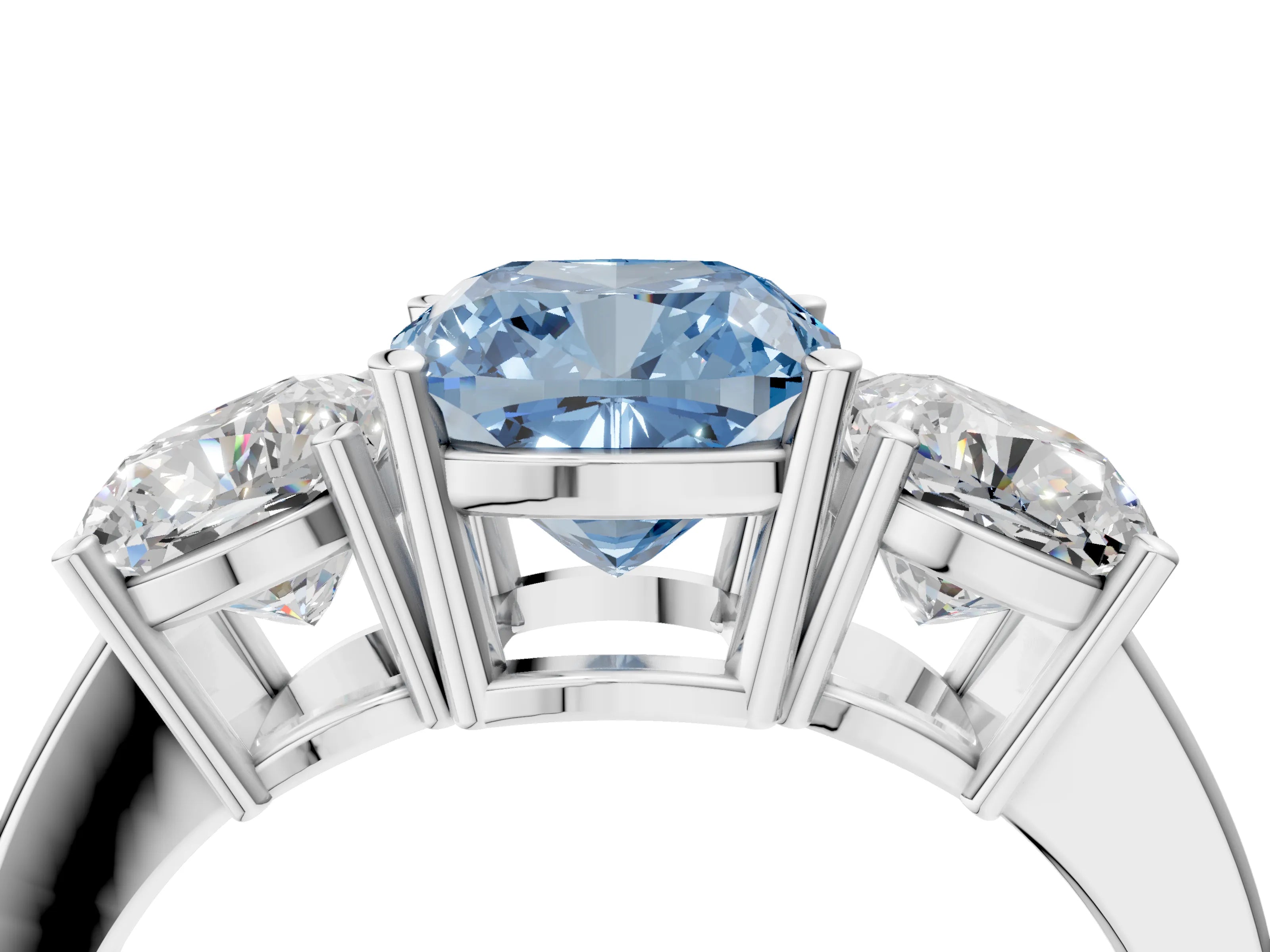 White gold Three-Stone Fancy Blue Cushion Cut Cut Diamond Engagement Ring with Flat Band and Four-Prong Setting_4
