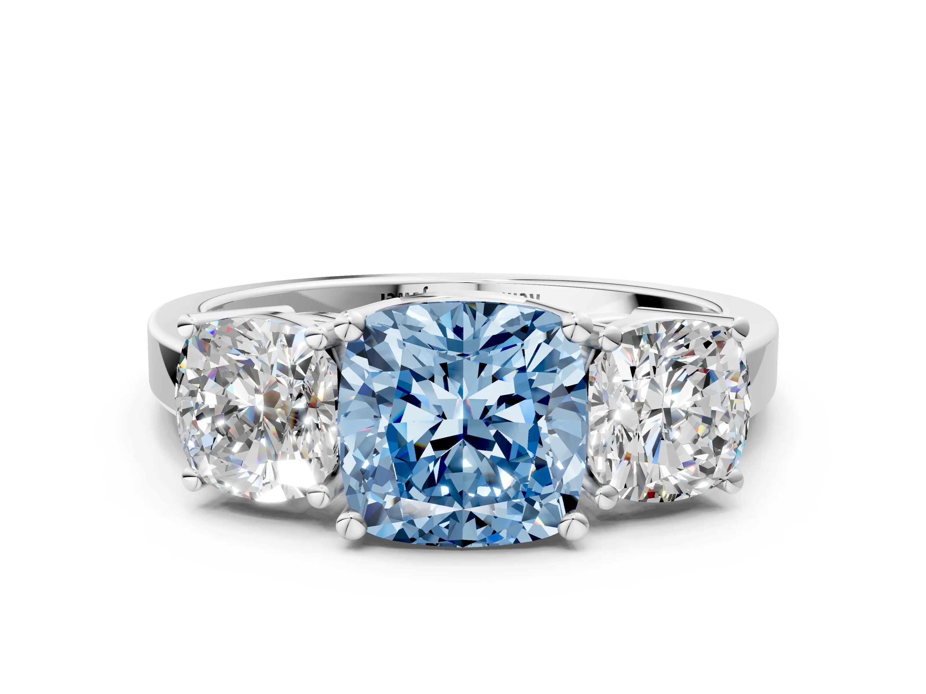 White gold Three-Stone Fancy Blue Cushion Cut Cut Diamond Engagement Ring with Flat Band and Four-Prong Setting