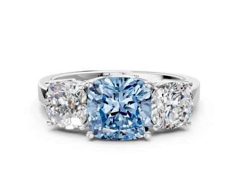 White gold Three-Stone Fancy Blue Cushion Cut Cut Diamond Engagement Ring with Flat Band and Four-Prong Setting