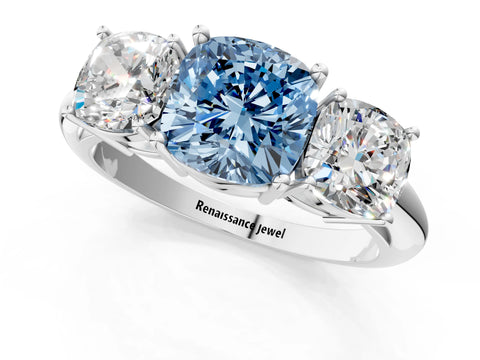 White gold Three-Stone Fancy Blue Cushion Cut Cut Diamond Engagement Ring with Prong Setting on a White Gold Band_13