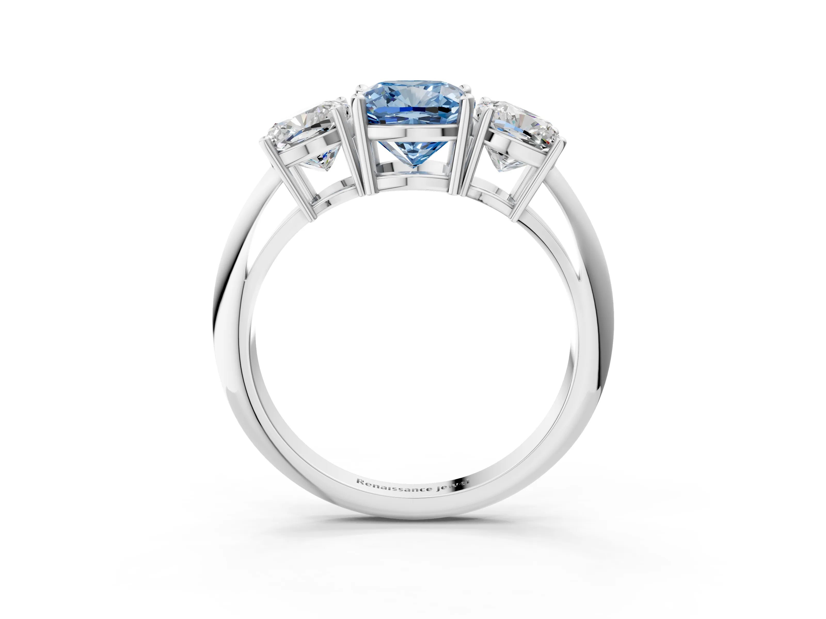 White gold Three-Stone Fancy Blue Cushion Cut Cut Diamond Engagement Ring with Prong Setting on a White Gold Band_15