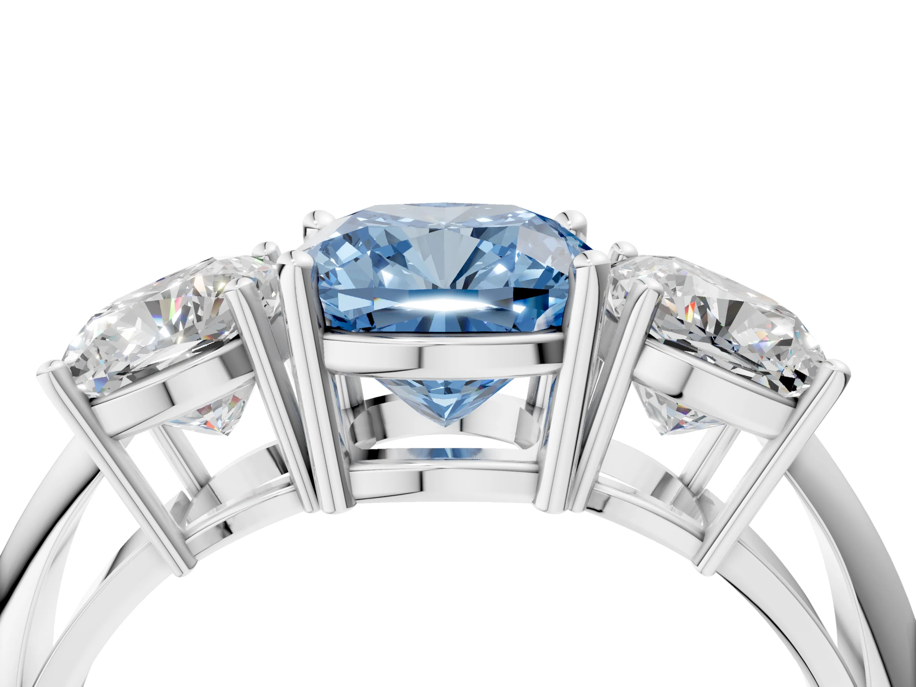 White gold Three-Stone Fancy Blue Cushion Cut Cut Diamond Engagement Ring with Prong Setting on a White Gold Band_16