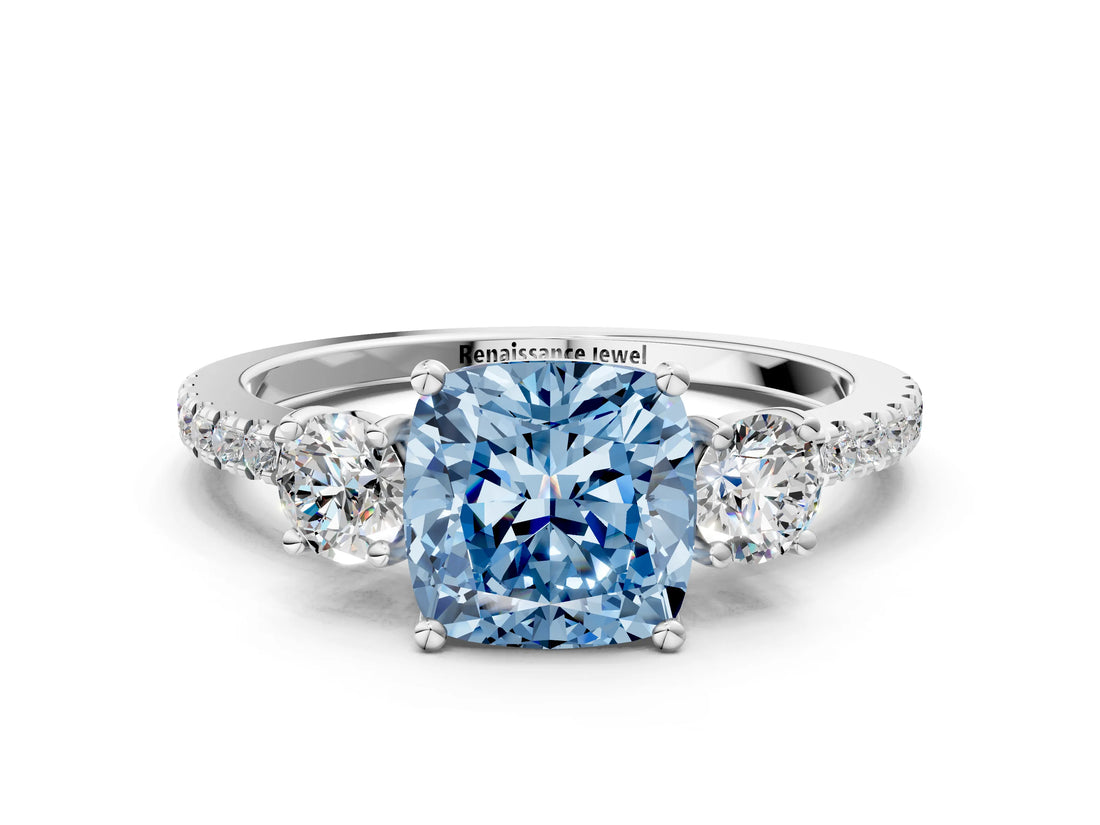 White gold Three-Stone Fancy Blue Cushion Cut Cut Diamond Pavé Band with Prong Setting_33