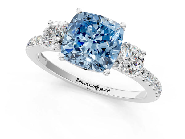 Platinum Three-Stone Fancy Blue Cushion Cut Cut Diamond Pavé Band with Prong Setting