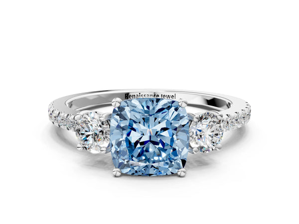 Platinum Three-Stone Fancy Blue Cushion Cut Cut Diamond Pavé Band with Prong Setting
