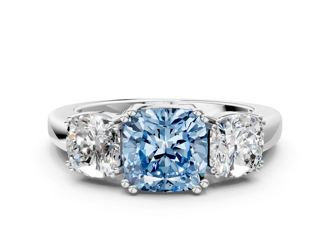 White gold Three-Stone Fancy Blue Cushion Cut Cut Diamond Ring with Channel Set Band and Four-Prong Setting_36