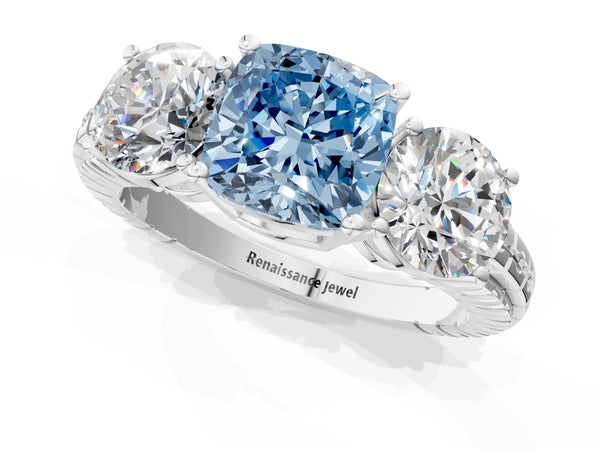Platinum Three-Stone Fancy Blue Cushion Cut Cut Diamond Ring with Channel-Set Band and Prong Setting